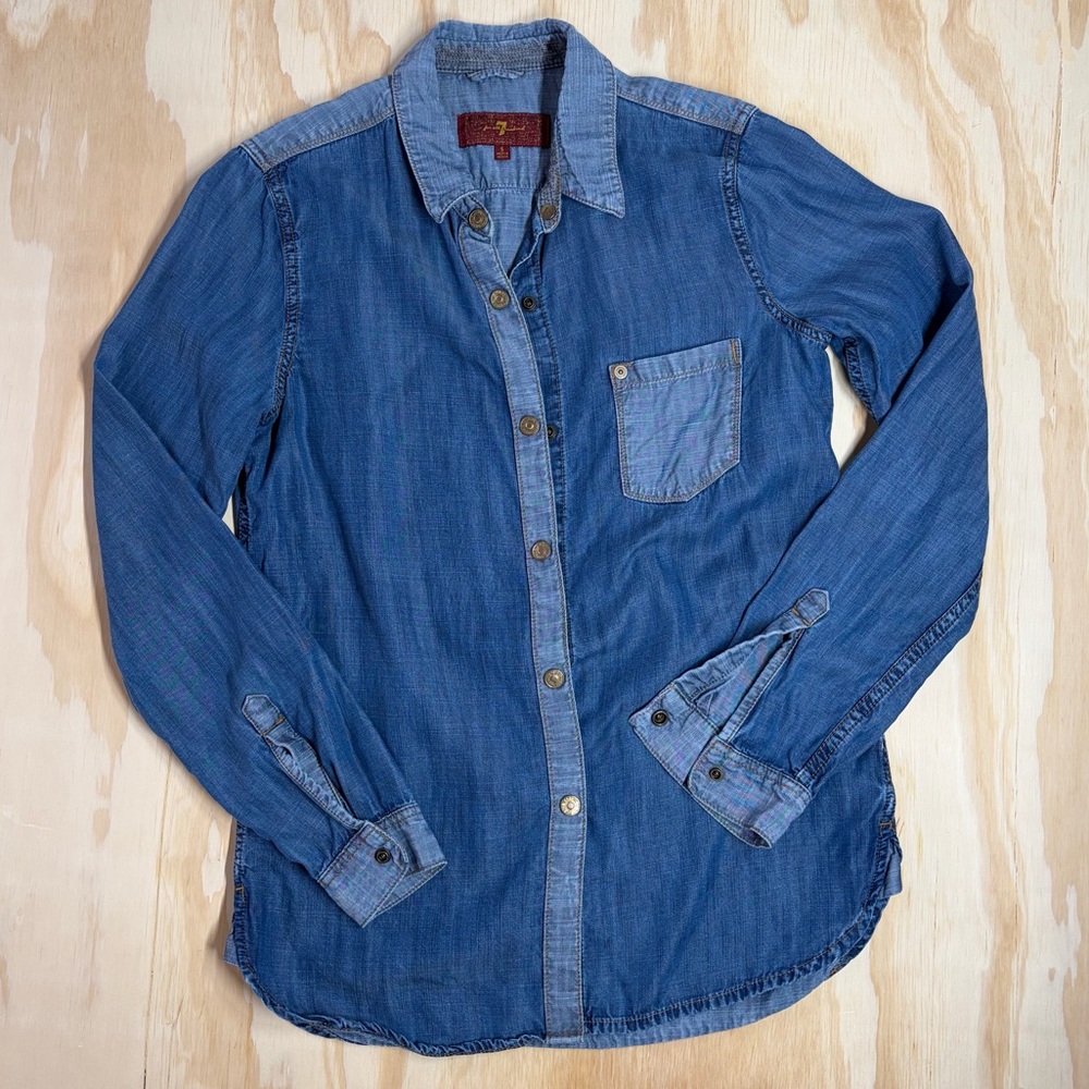 7 For All Mankind Two Tone Chambray Denim Button Down Shirt Lyocell